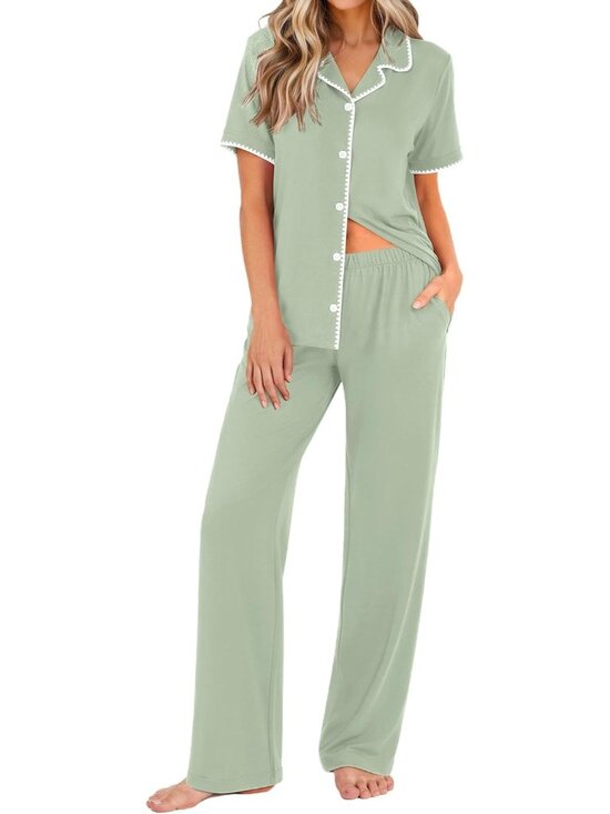 Other - Women's Light Green Button Down Short Sleeve Shirt Loungewear Pajamas Set